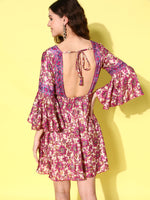 Thumbnail for InWeave Women's Fuchsia Floral Prnited Bell Sleeve Short Dress - Distacart