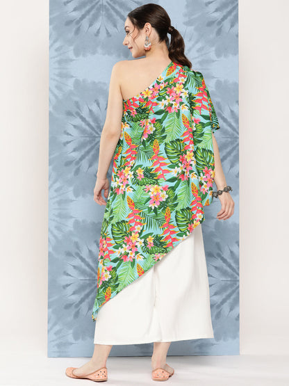 InWeave Women's Mint Green Leaf Japanese Art Oneshoulder Top - Distacart