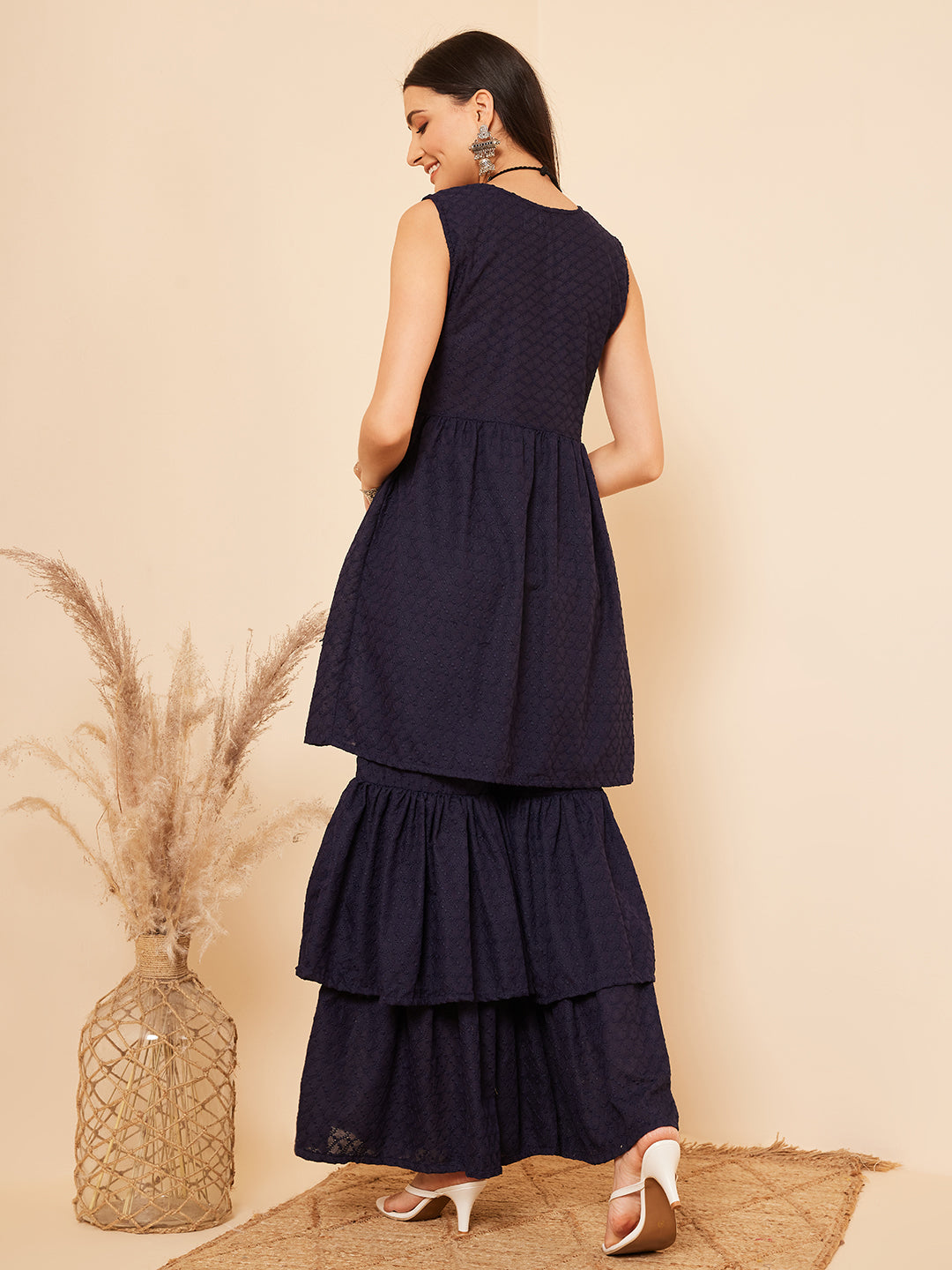 InWeave Women's Navy Blue Lace Work Double Layer Sharara Set - Distacart