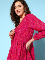 Thumbnail for InWeave Women's Maroon Ethnic Print Wrapped Long Dress - Distacart
