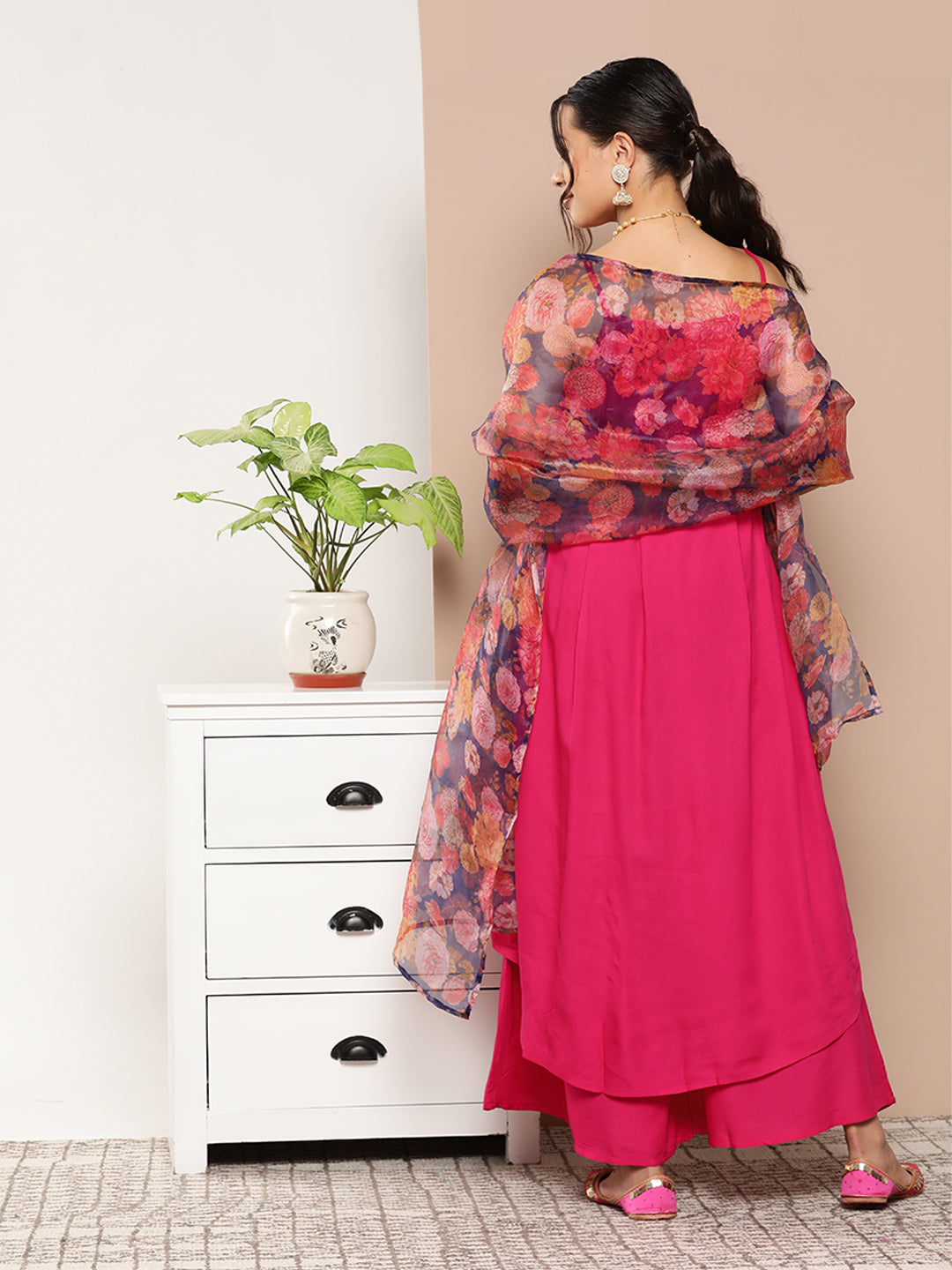 InWeave Women's Fuchsia Strappy Set With Navy Floral Organza Dupatta - Distacart
