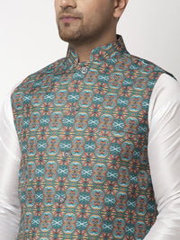 Thumbnail for Kalyum Men's Teal Blue & Multi Printed Nehru Jacket - Distacart