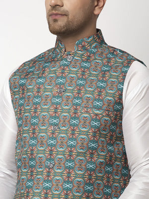Kalyum Men's Teal Blue & Multi Printed Nehru Jacket - Distacart