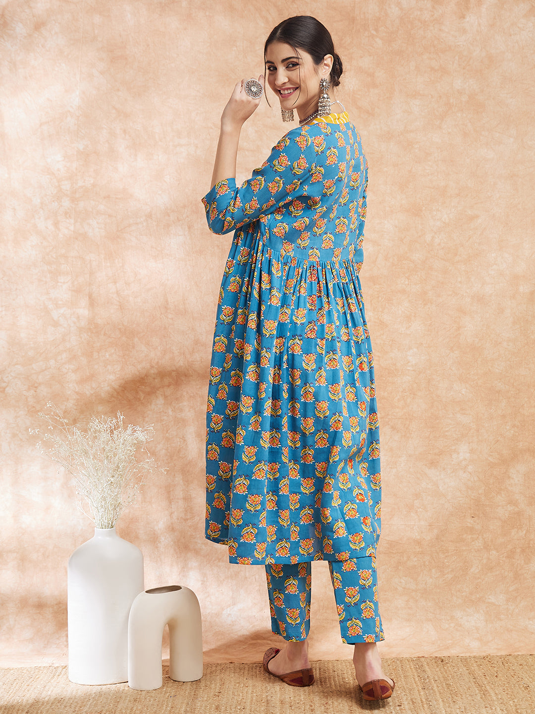 InWeave Women's Blue Orange Floral Yellow White Leh V Neck Kurta Set - Distacart