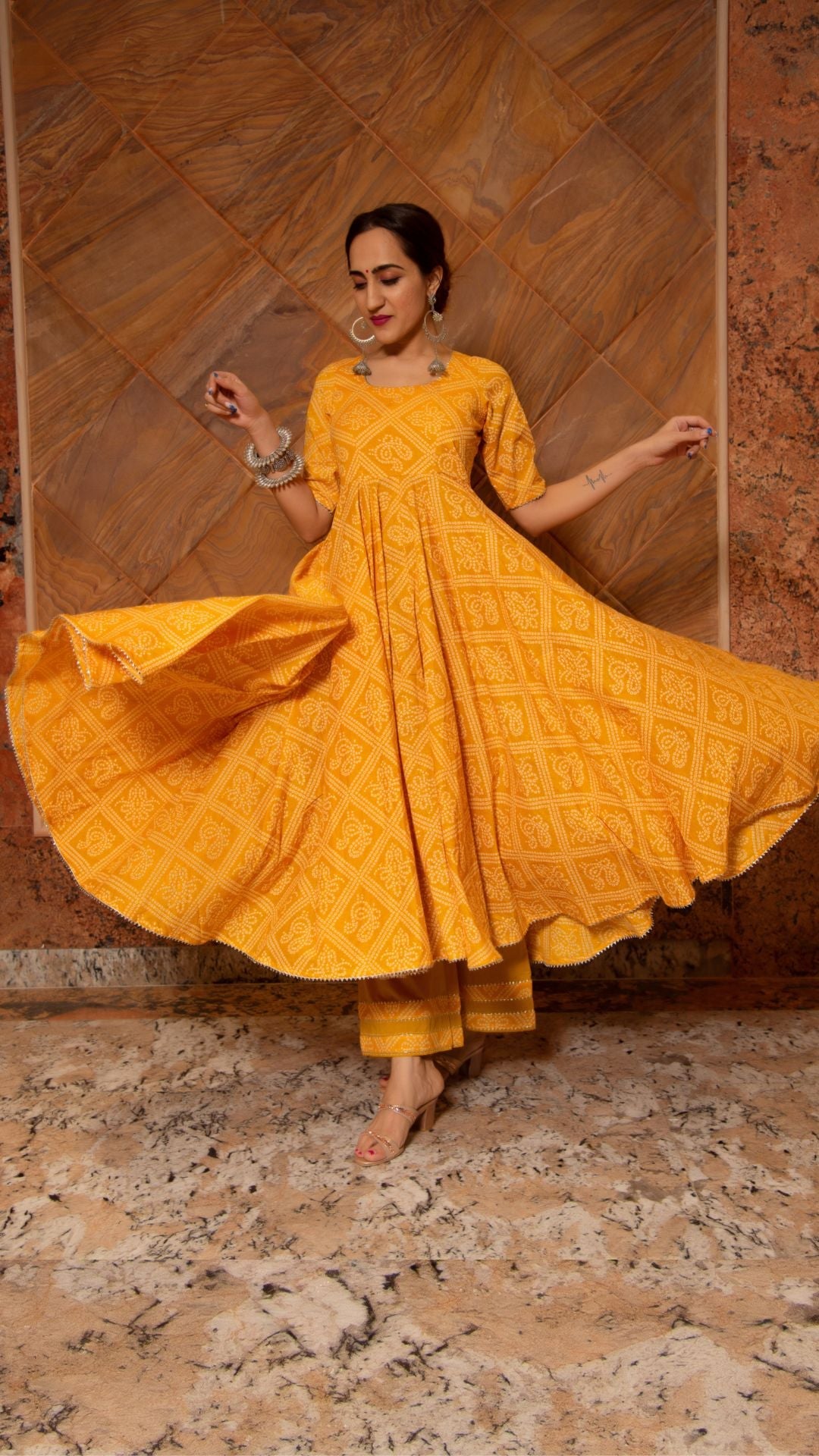 Pomcha Jaipur Bandhej Yellow Cotton Anarkali Set - Distacart
