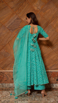 Thumbnail for Pomcha Jaipur Bandhej Tiffany Blue Cotton Anarkali Set - Distacart