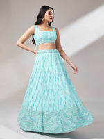 Thumbnail for House of Panchhi Turquoise Blue Georgette Sequinse Embroidery Lehenga Choli & Dupatta - Distacart