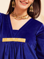 Thumbnail for InWeave Women's Royal Blue V Neck Asymmetrical Pleated Velvet Kurta Set - Distacart