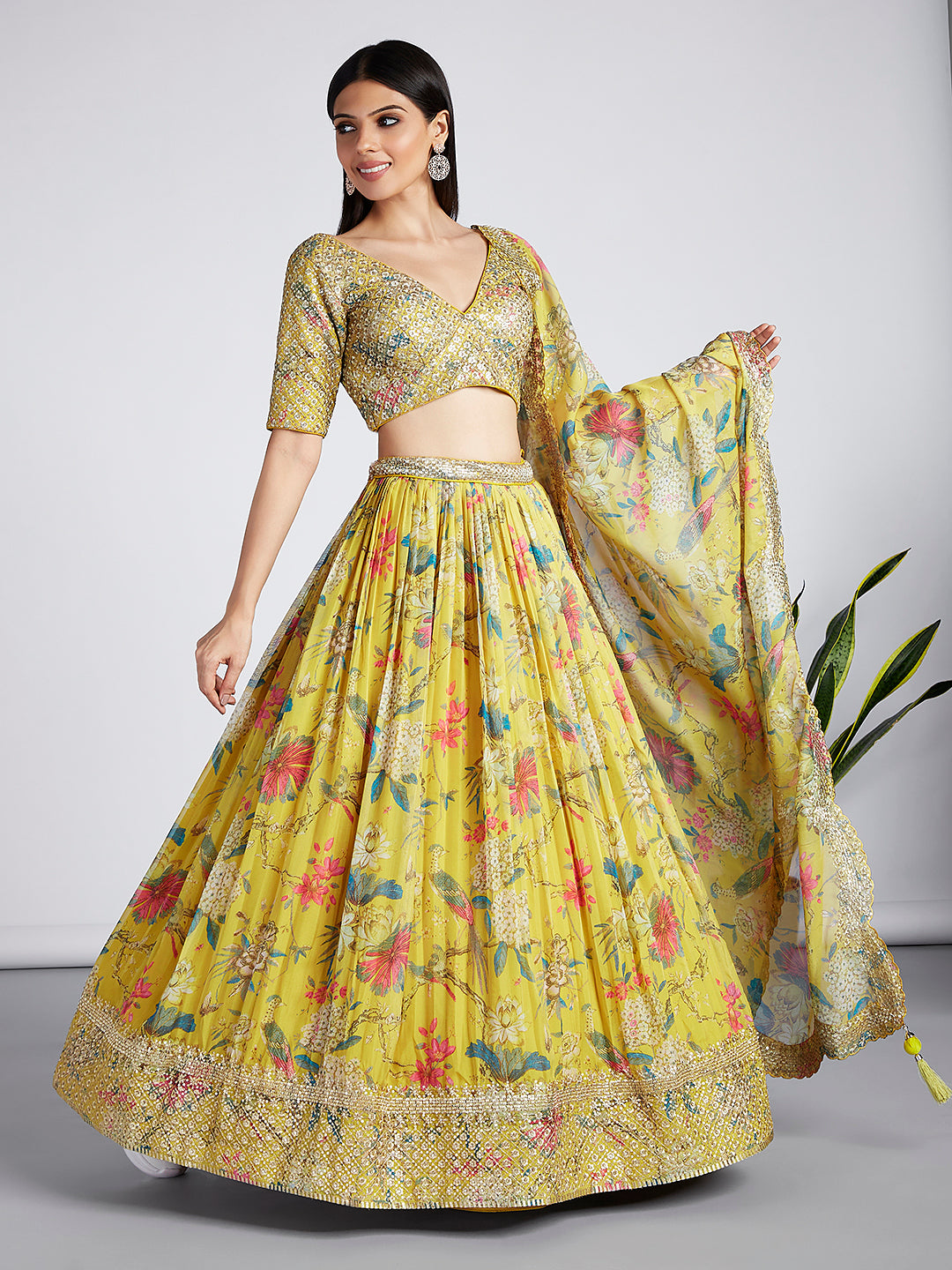 House of Panchhi Mustard Colour Organza Floral Design Digital Print Lehenga Choli & Dupatta - Distacart