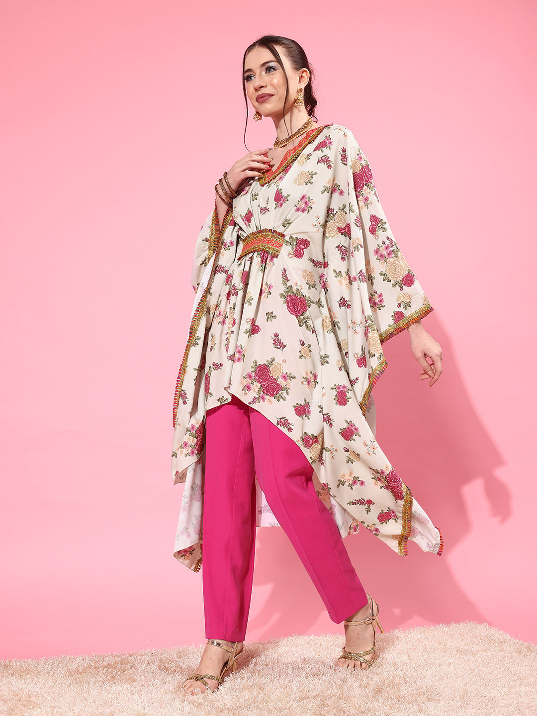 Ahalyaa Women Floral Printed Flared Sleeves Thread Work Crepe Kaftan Kurta - Distacart