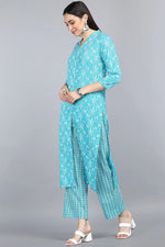 Thumbnail for Women's Turquoise Blue Cotton Ethnic Motifs Print Suit Set - Rasiya - Distacart