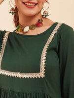 Thumbnail for InWeave Women's Forest Green Round Neck Square Gota Work Kurta Pant Set - Distacart