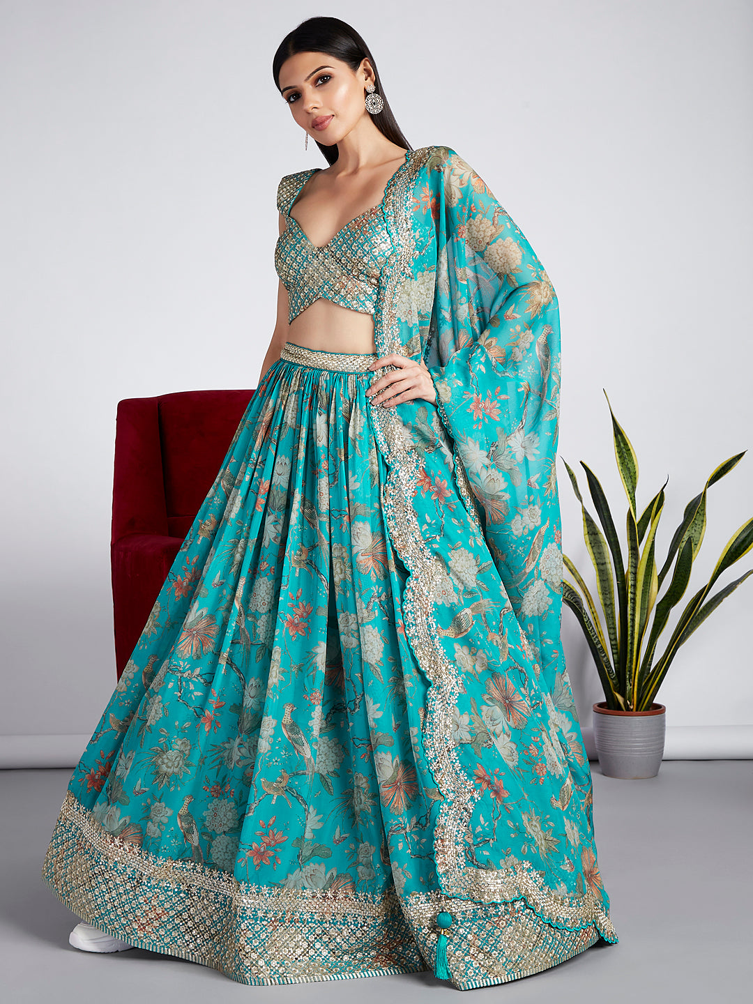 House of Panchhi Sea Green Colour Organza Floral Design Digital Print Lehenga Choli & Dupatta - Distacart
