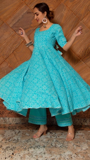 Pomcha Jaipur Bandhej Blue Cotton Anarkali Set - Distacart