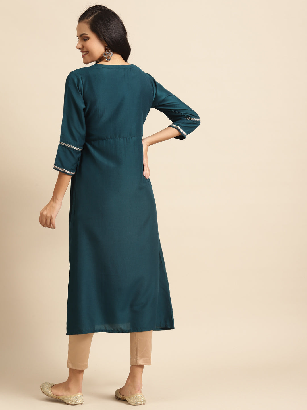 Varanga Teal And Gold Mirror Work Embroidery Kurta With 3/4Th Mirror Work Sleeves - Distacart