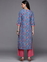 Thumbnail for Varanga Blue Floral Printed Straight Kurta With Three Quarter Sleeves - Distacart