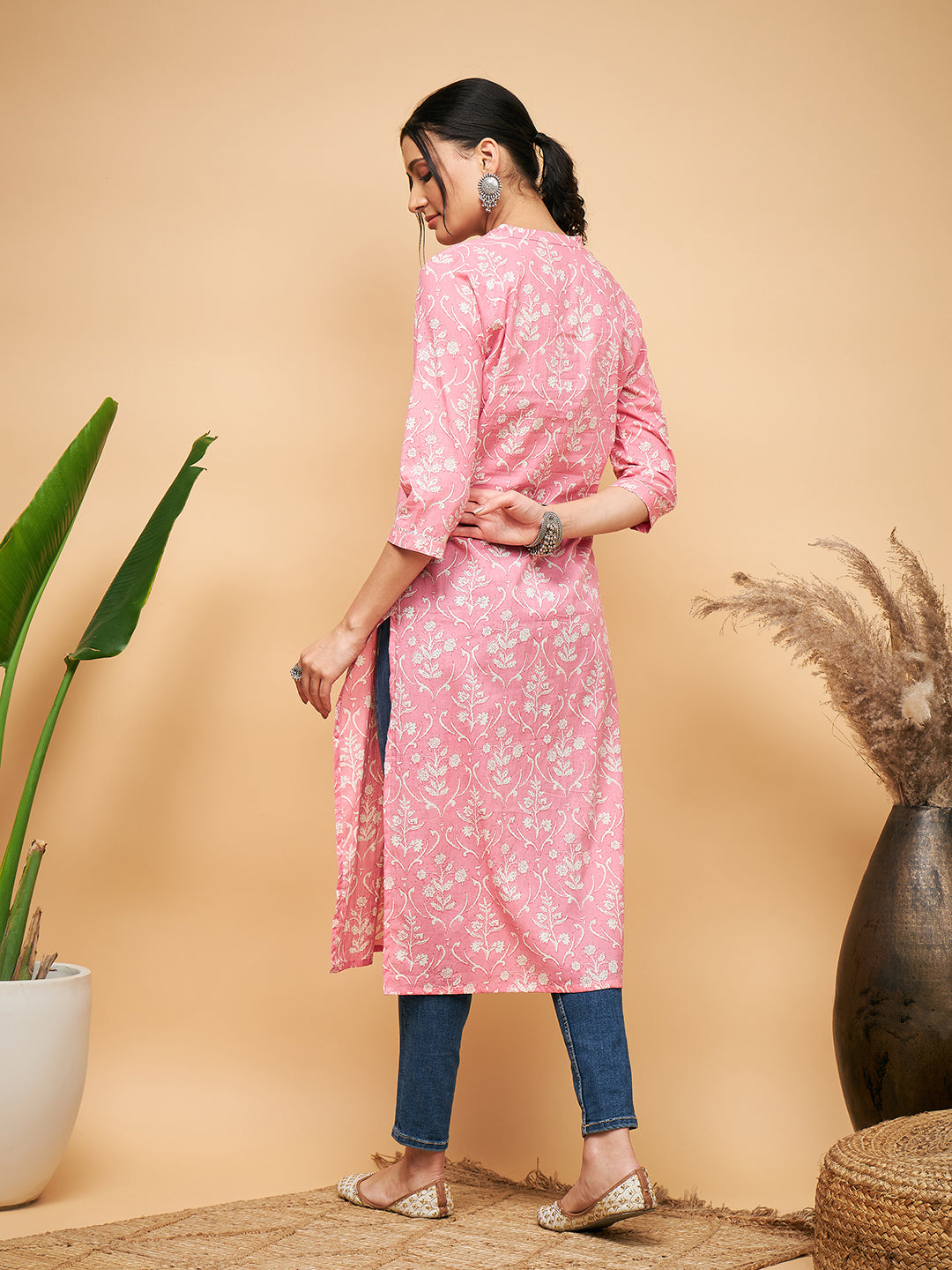 InWeave Women's Light Pink Floral Print Straight Angrakha Gota Kurta - Distacart