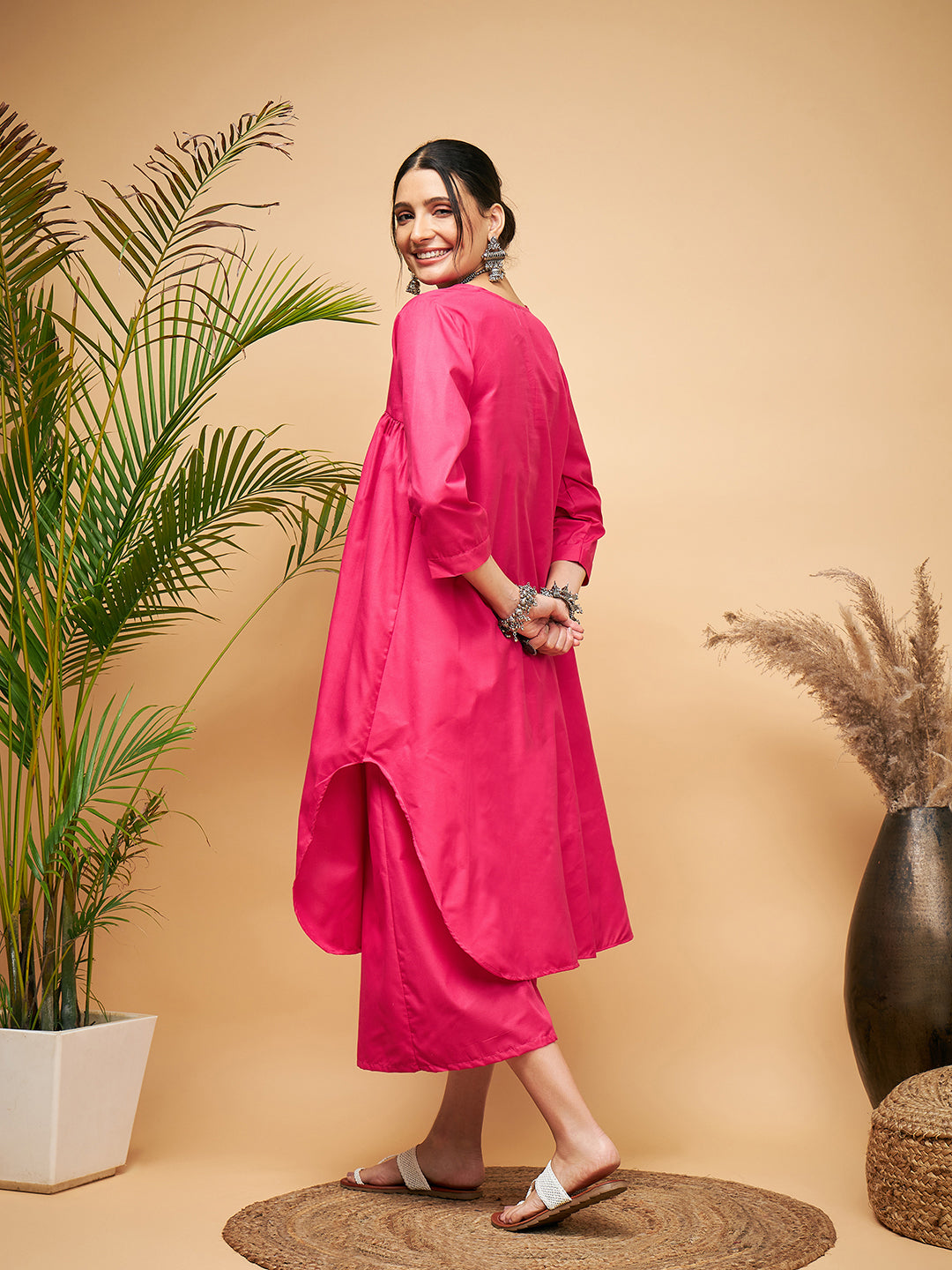 InWeave Women's Fuchsia Flared Kurta Palazzo Set - Distacart