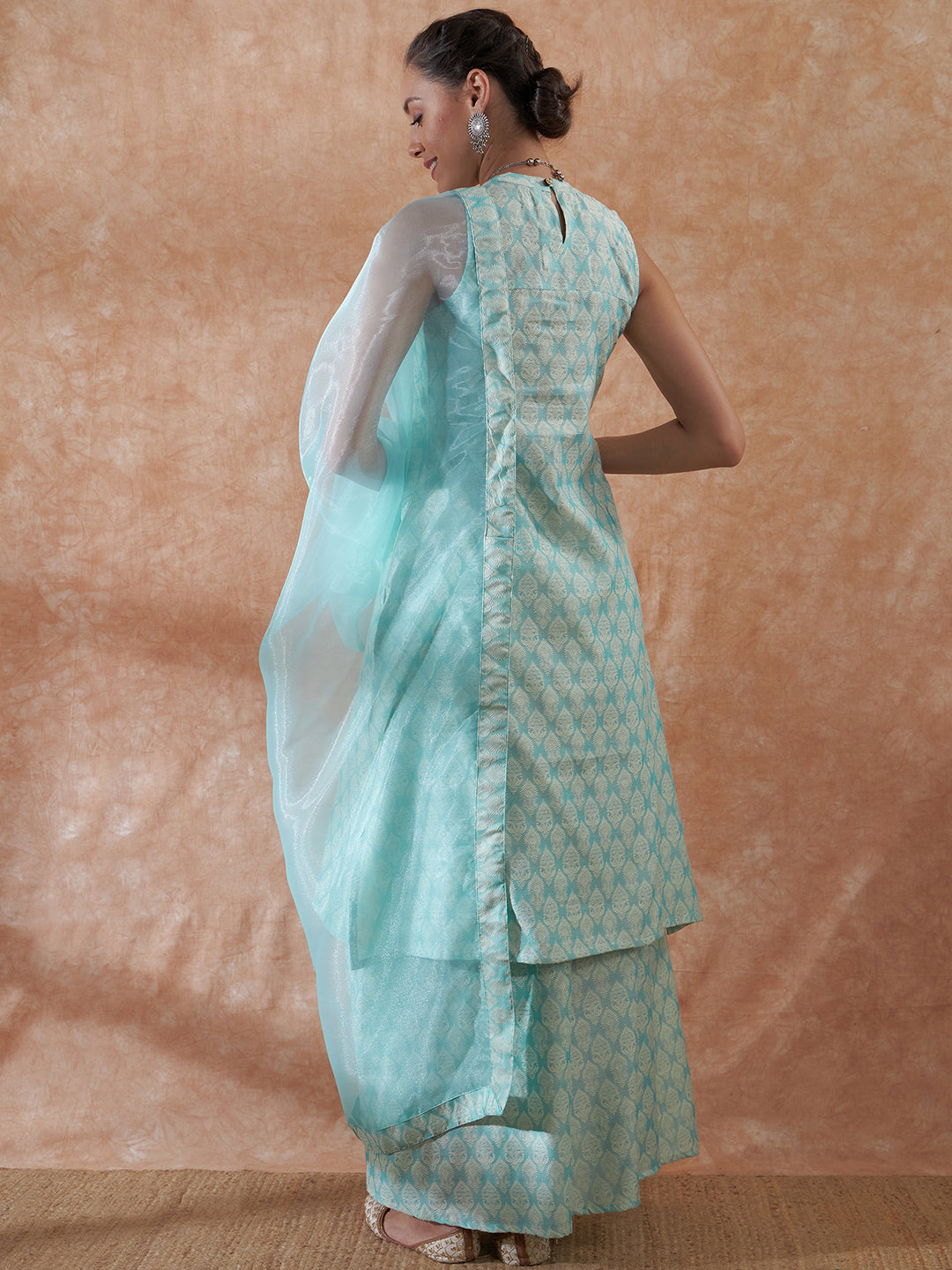 InWeave Women's Powder Blue Jacquard Halter Kurta Set W Powder Blue Or Dupatta - Distacart