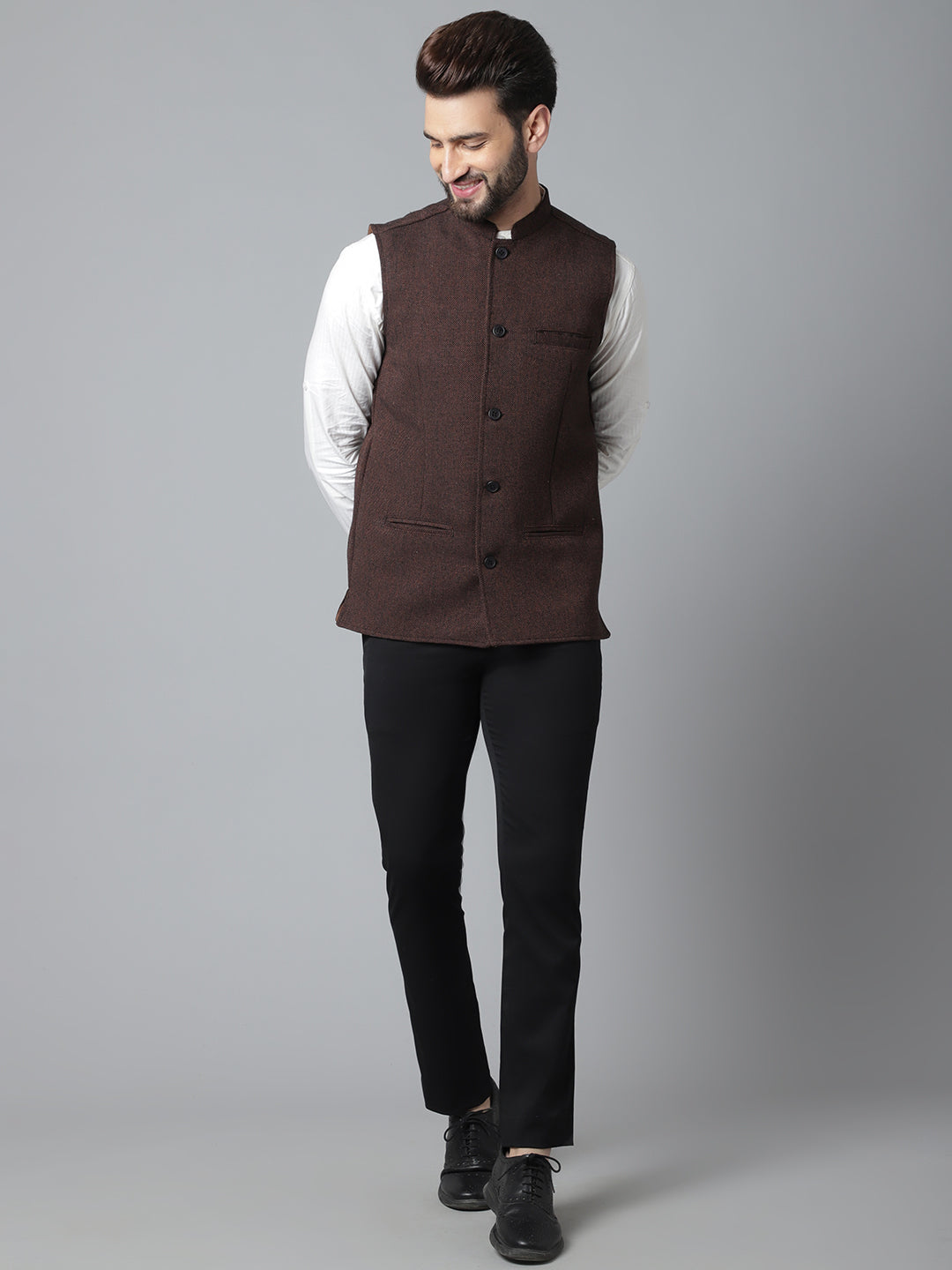 Even Apparels Men's Brown Nehru Jacket With Welt Pockets - Distacart