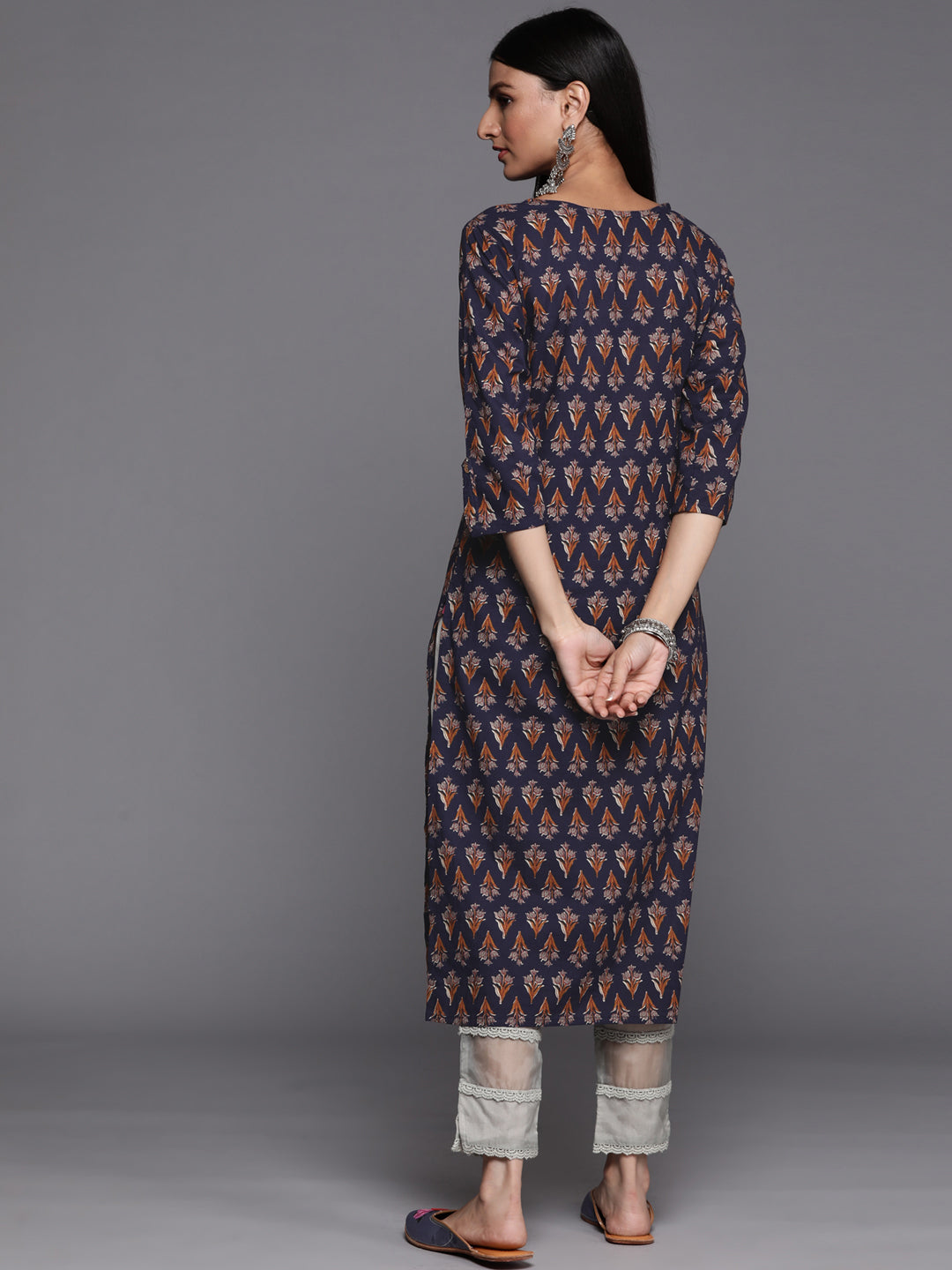 Varanga Navy Blue Floral Printed Straight Kurta With Three Quarter Sleeves - Distacart