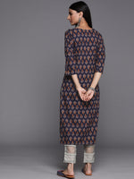 Thumbnail for Varanga Navy Blue Floral Printed Straight Kurta With Three Quarter Sleeves - Distacart