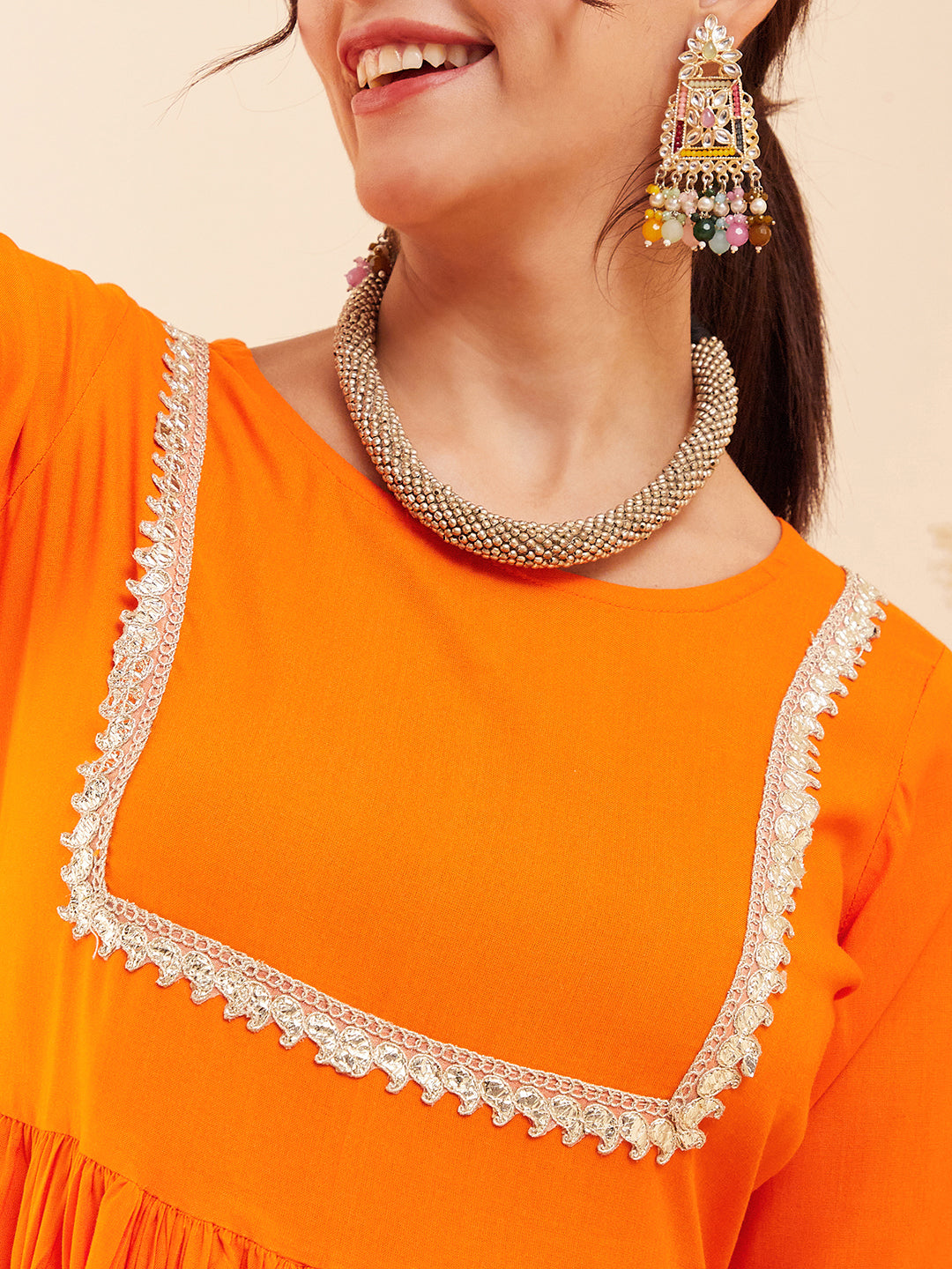 InWeave Women's Orange Round Neck Square Gota Work Kurta Pant Set - Distacart