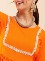 Thumbnail for InWeave Women's Orange Round Neck Square Gota Work Kurta Pant Set - Distacart