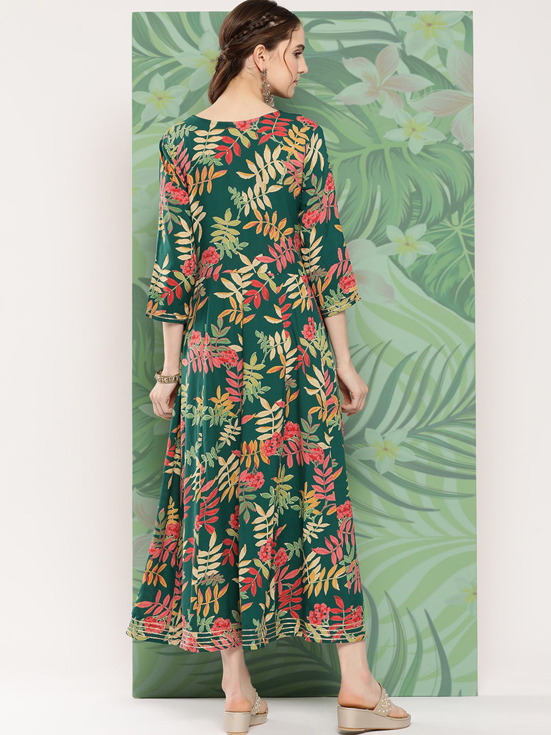 InWeave Women's Green Tropical Print Gota Long Dress - Distacart