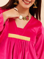 Thumbnail for InWeave Women's Magenta V Neck Asymmetrical Pleated Velvet Kurta Set - Distacart