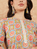 Thumbnail for InWeave Women's Light Blue Floral Jaal Gota Work Straight Kurta Pant Set - Distacart