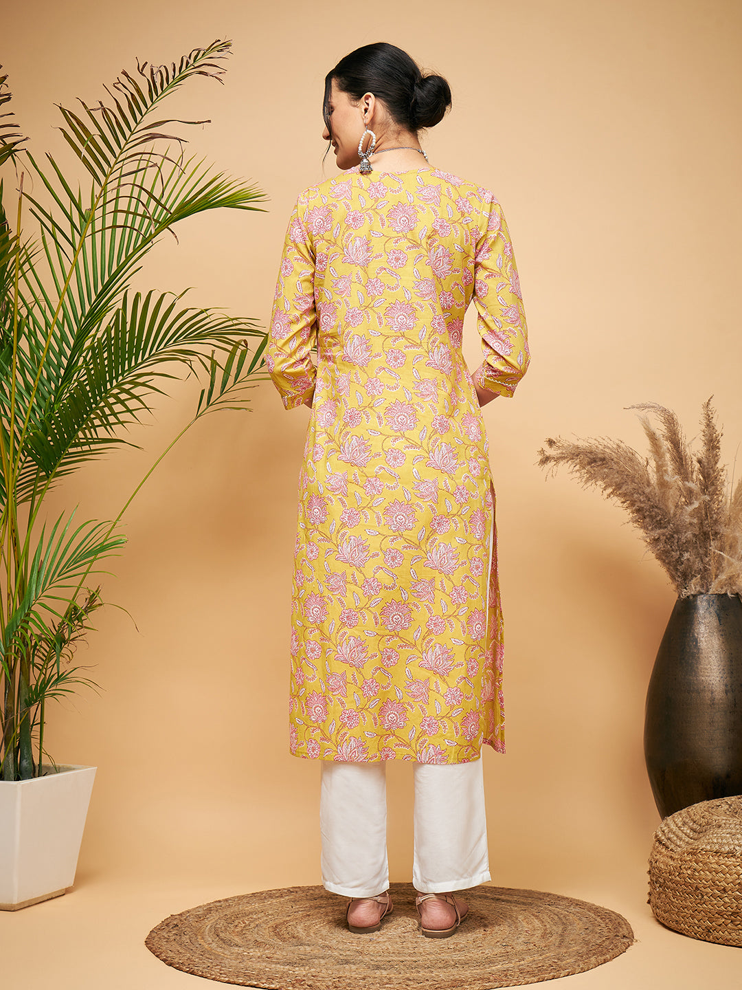InWeave Women's Lime Pink Print Patch Cotton Straight Kurta Pant Set - Distacart