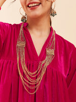Thumbnail for InWeave Women's Fuchsia Velvet Manderia V Neck Flared Dress - Distacart