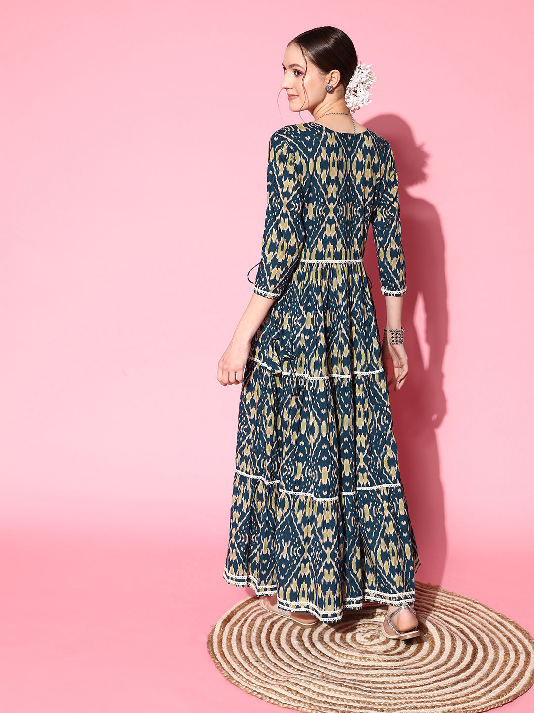 InWeave Women's Blue Ikkat Print Tiered Dress With Lace - Distacart