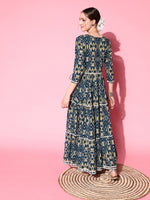 Thumbnail for InWeave Women's Blue Ikkat Print Tiered Dress With Lace - Distacart