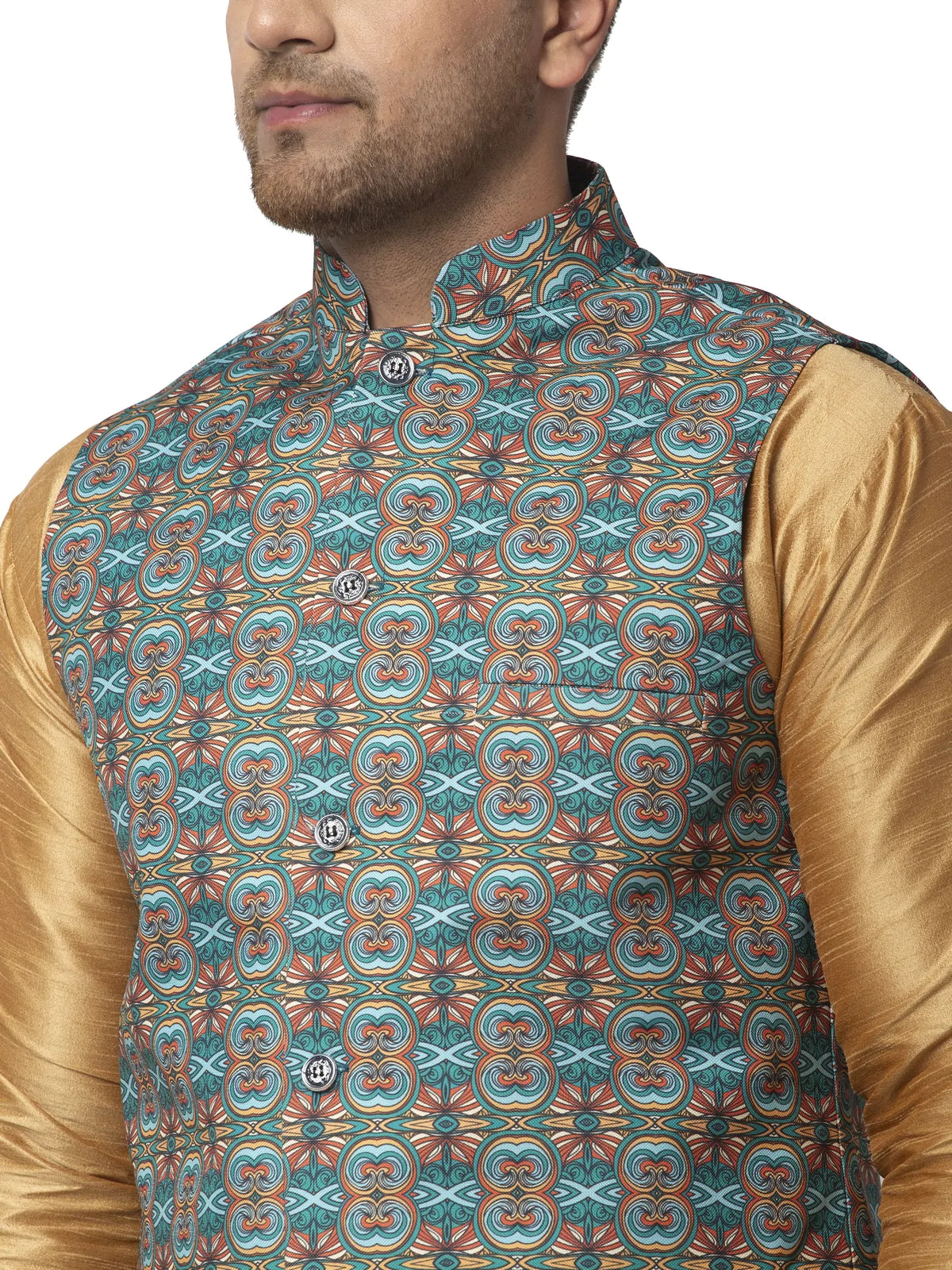 Kalyum Men's Silk Blend Copper Kurta With Pyjama & Sea Green Printed Nehru Jacket - Distacart