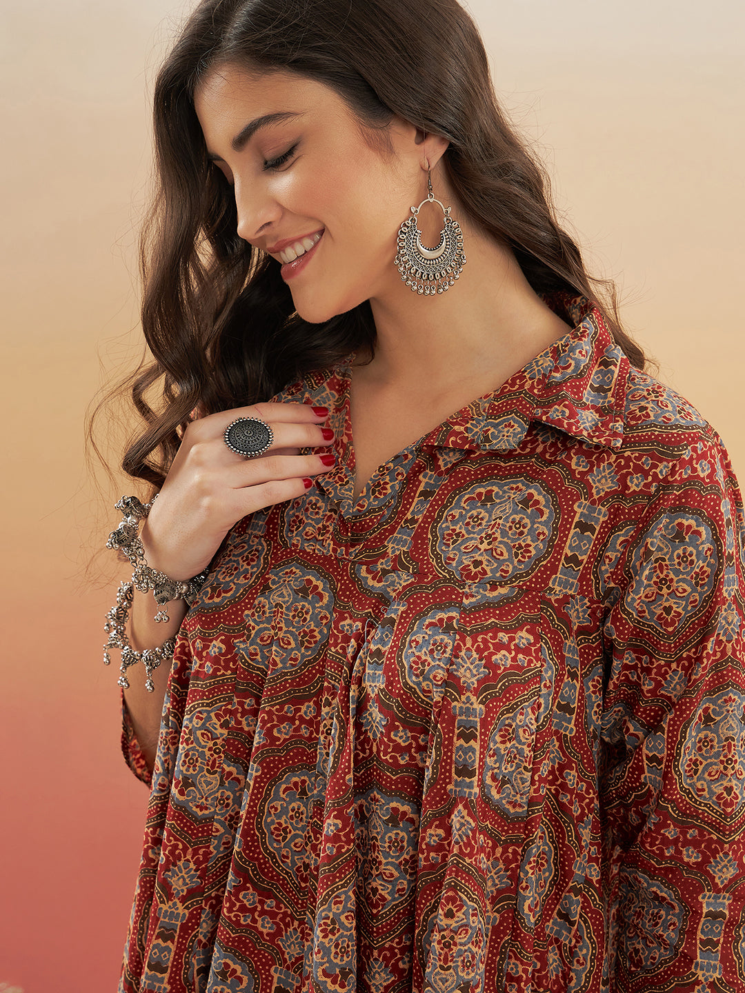 InWeave Women's Maroon Mughal Kalamkari Flared Dress - Distacart