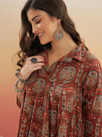 Thumbnail for InWeave Women's Maroon Mughal Kalamkari Flared Dress - Distacart