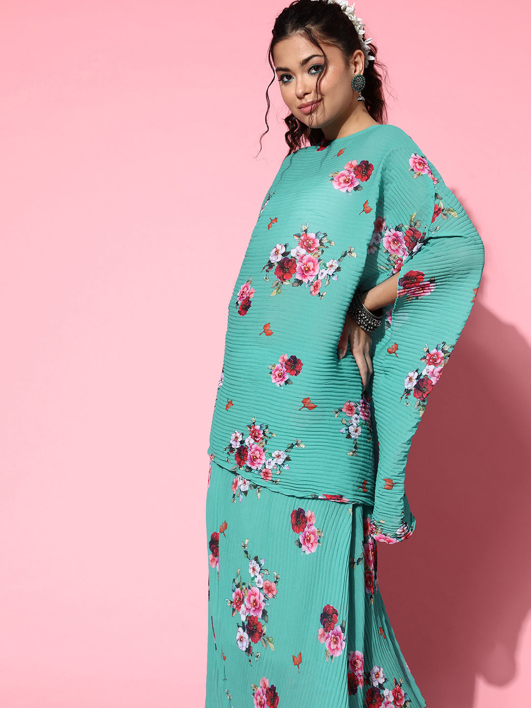 InWeave Women's Blue Floral Print Pleated Kaftan Top - Distacart