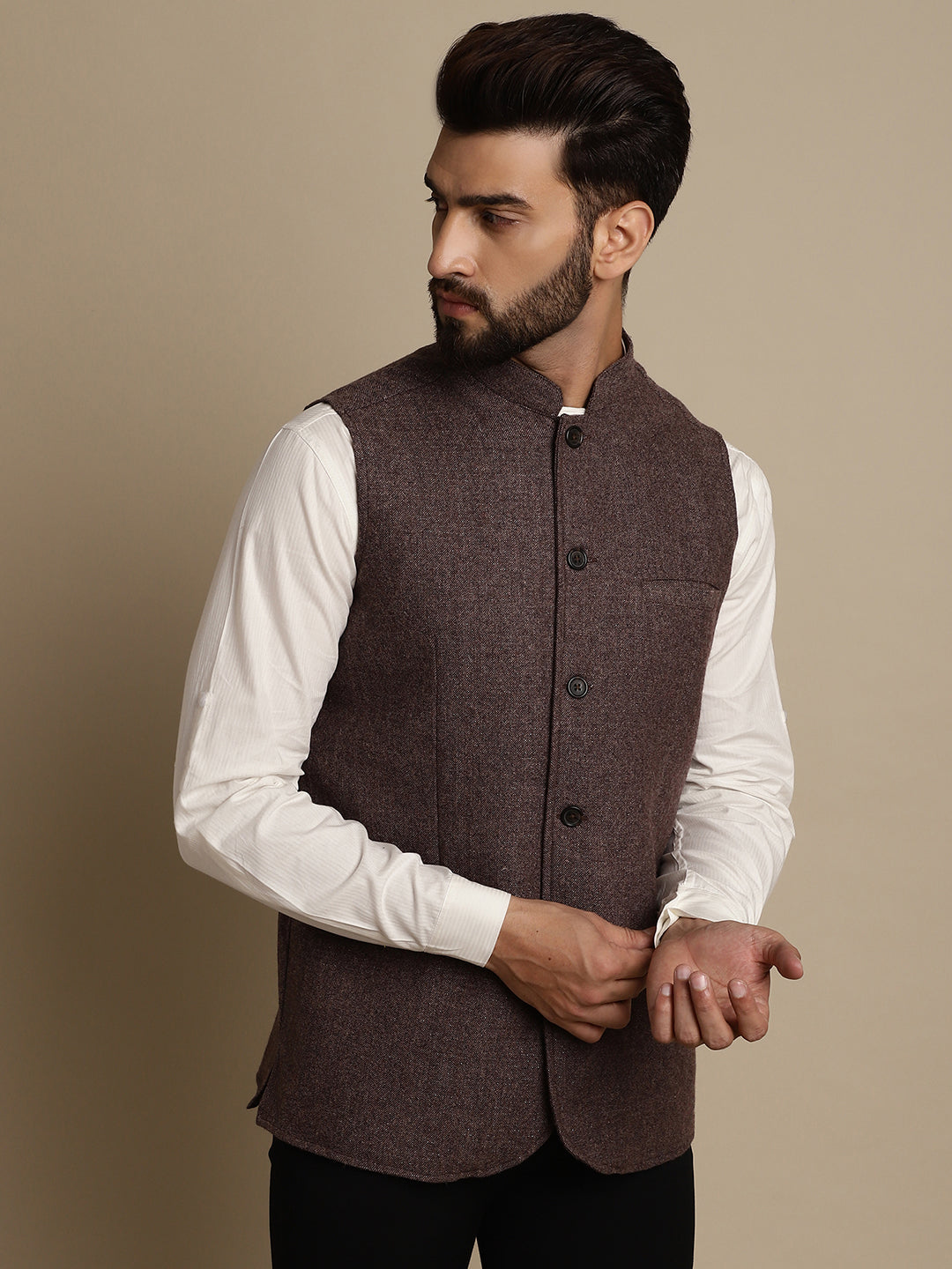 Even Apparels Men's Brown Mandarin Collar Waistcoat - Distacart