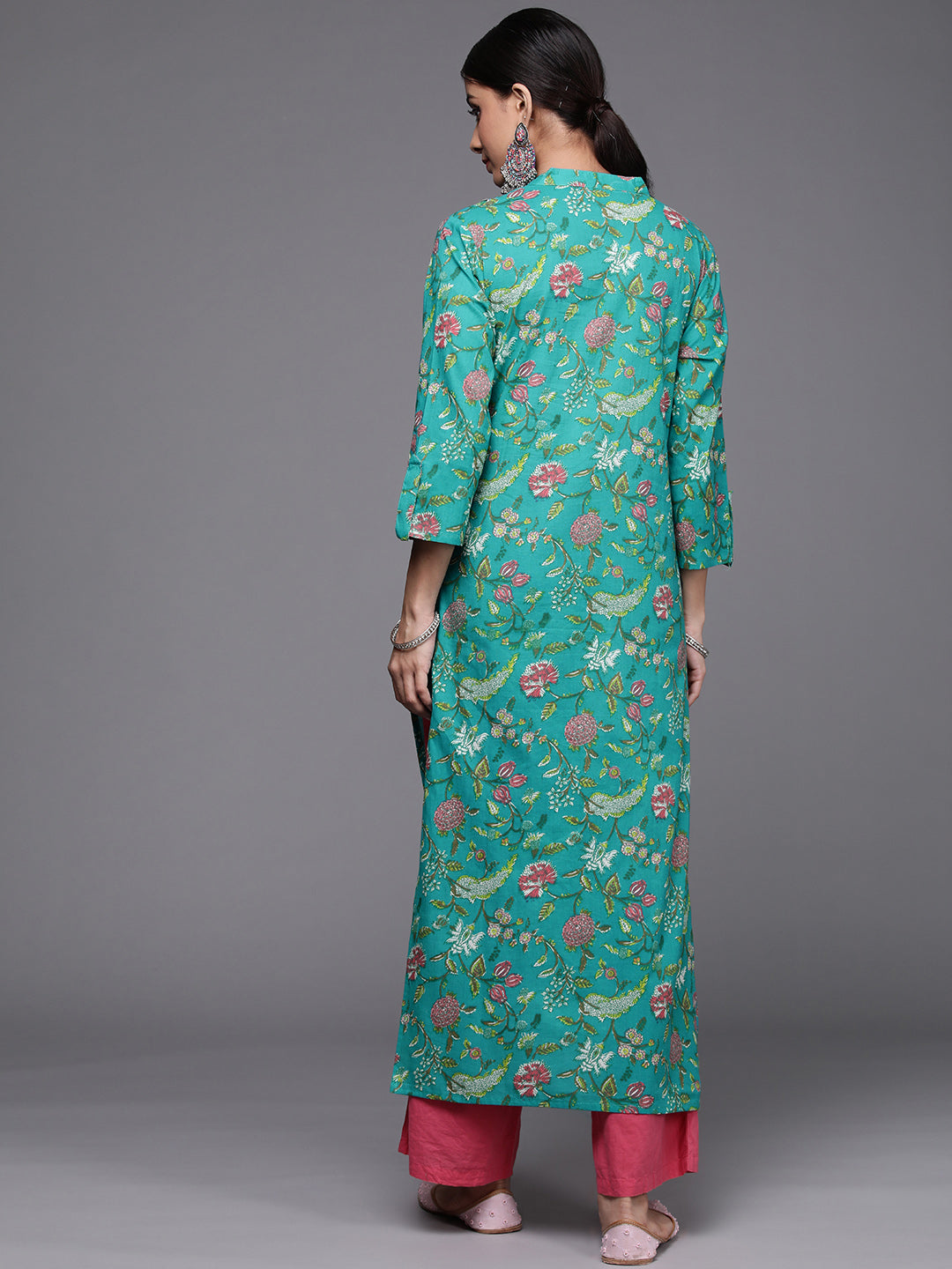 Varanga Women Turq Printed Cotton Kurta With Silver Gotta Lace Detailings - Distacart