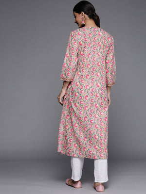 Varanga Women Taupe & Pink Cotton Floral Print Kurta - Distacart