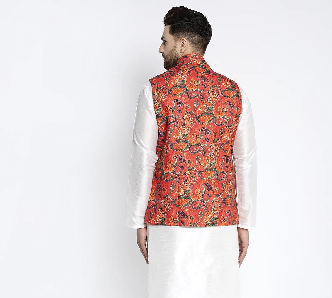 Kalyum Men's Orange & Multi Printed Nehru Jacket - Distacart
