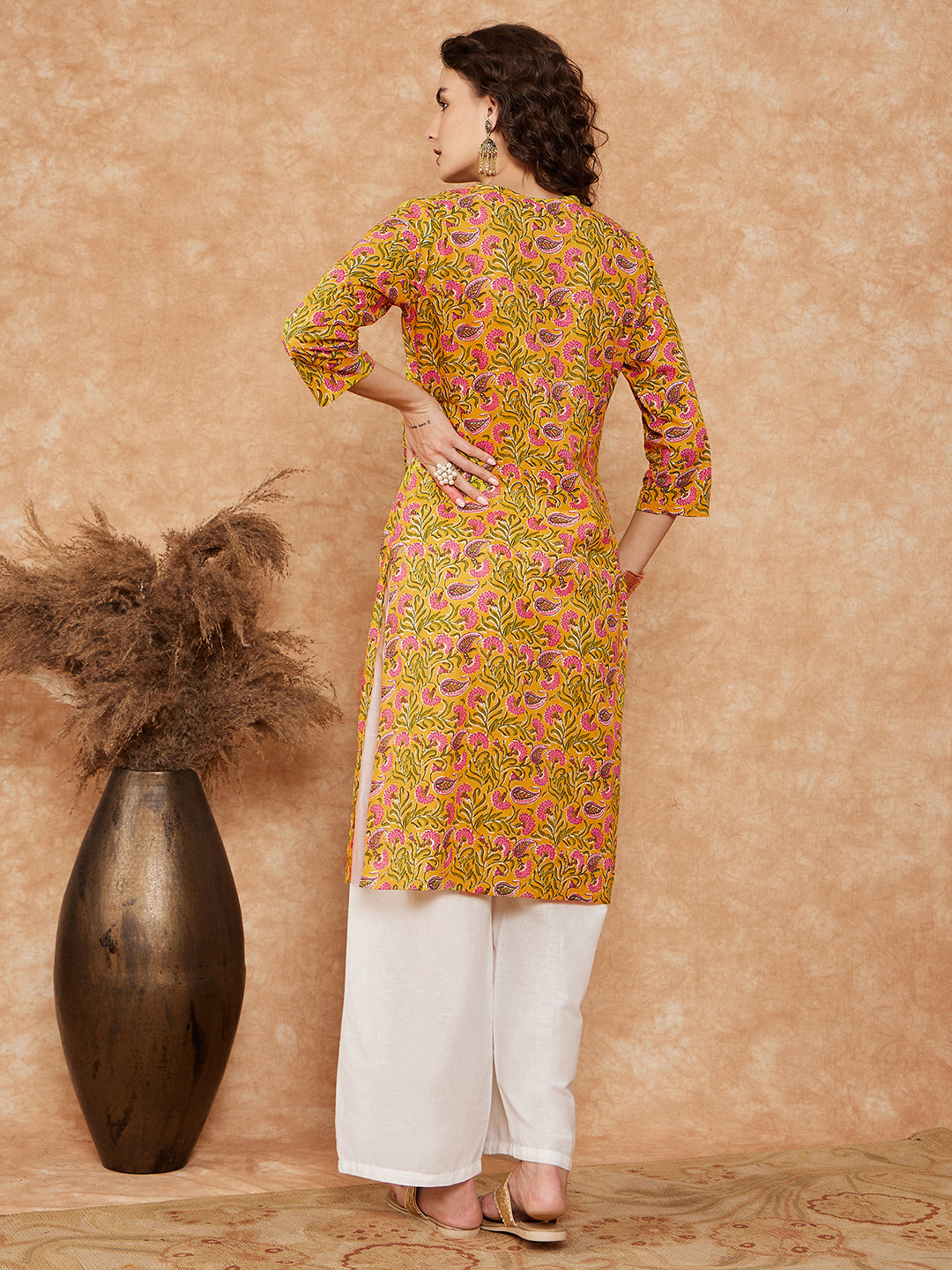 InWeave Women's Mustard Green Lace Gota Work Straight Kurta - Distacart