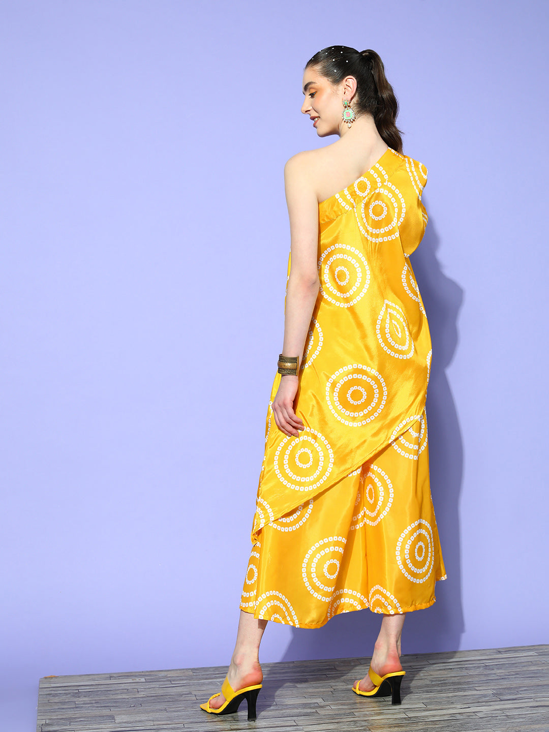 InWeave Women's Yellow Bandhani Motif One Shoulder Palazzo Set - Distacart