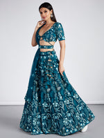 Thumbnail for House of Panchhi Teal Net Sequins, Mirror And Thread Embroidery Lehenga Choli & Dupatta - Distacart
