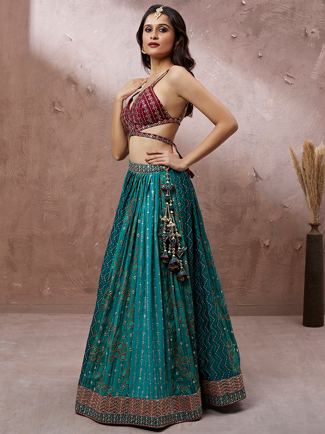 House of Panchhi Printed Embroidery Teal Georgette Sequin Lehenga Choli - Distacart