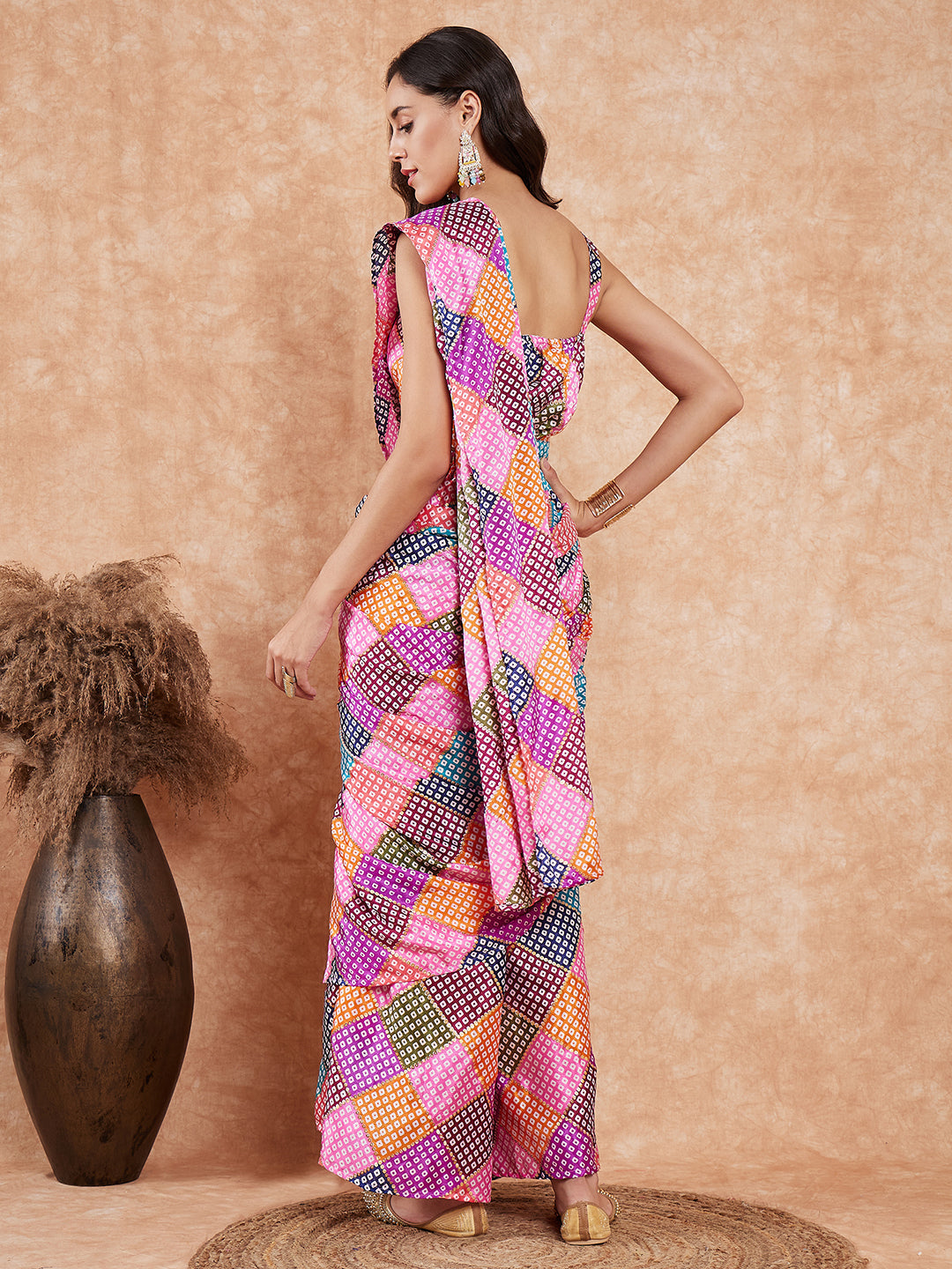 InWeave Women's Pink Square Multi Badhani Palazzo Saree - Distacart