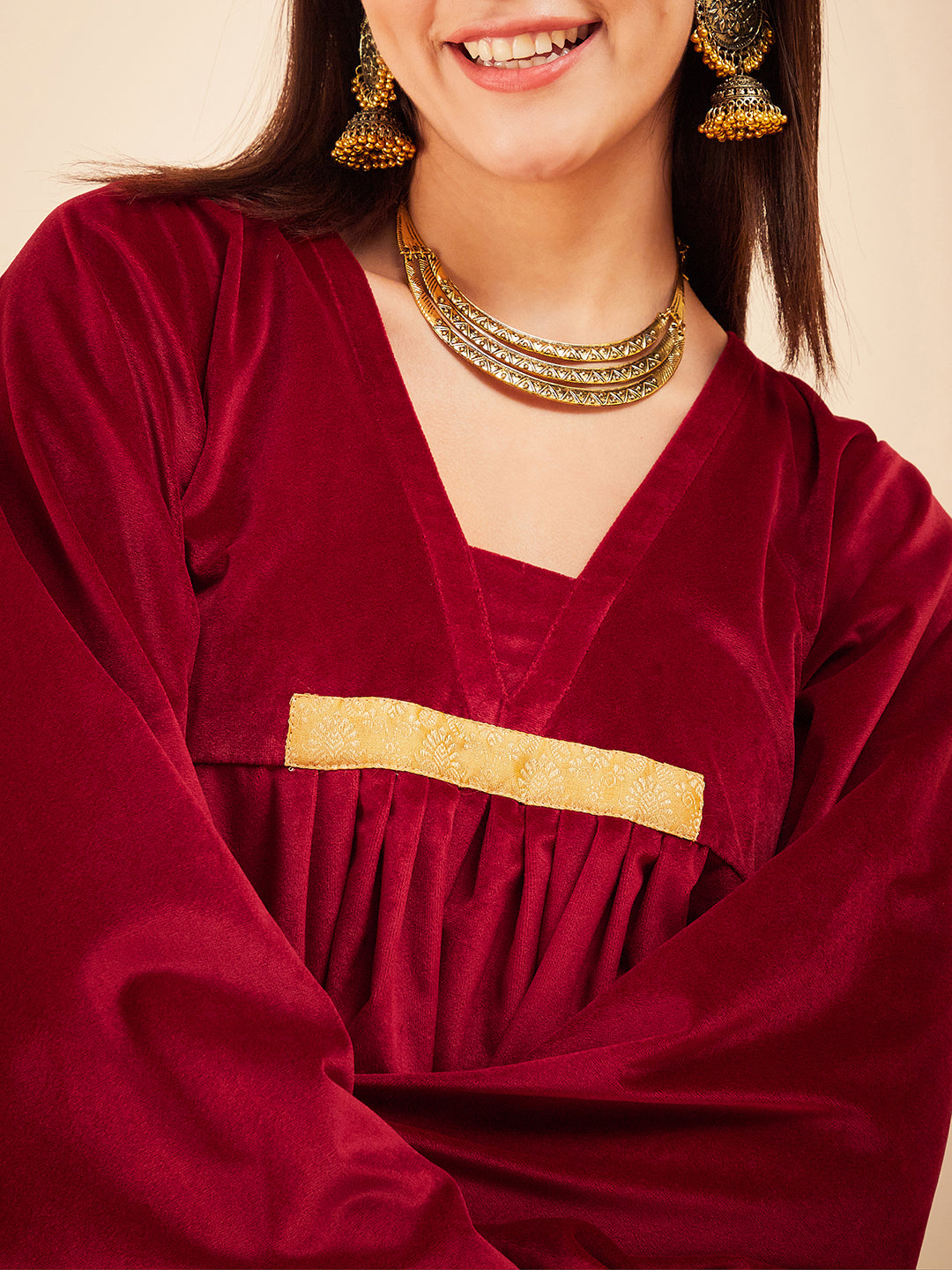 InWeave Women's Barn Red V Neck Asymmetrical Pleated Velvet Kurta Set - Distacart