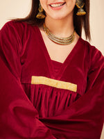 Thumbnail for InWeave Women's Barn Red V Neck Asymmetrical Pleated Velvet Kurta Set - Distacart